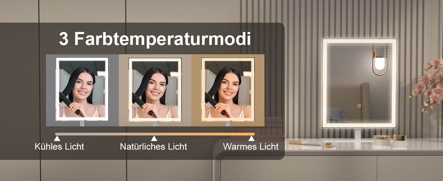 Anzeige im Farbtemperaturmodus mit drei Beleuchtungsoptionen: „Kaltes Licht“, „Natürliches Licht“ und „Warmes Licht“ mit Spiegeldemonstrationsbildern