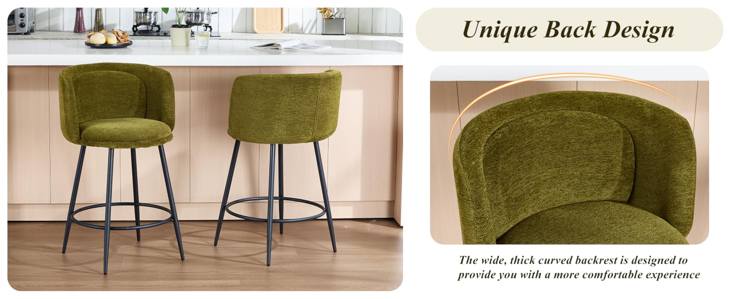Text reads 'Unique Back Design'. Multiple images showing bar stools or chairs with distinctive back designs in different angles and configurations.