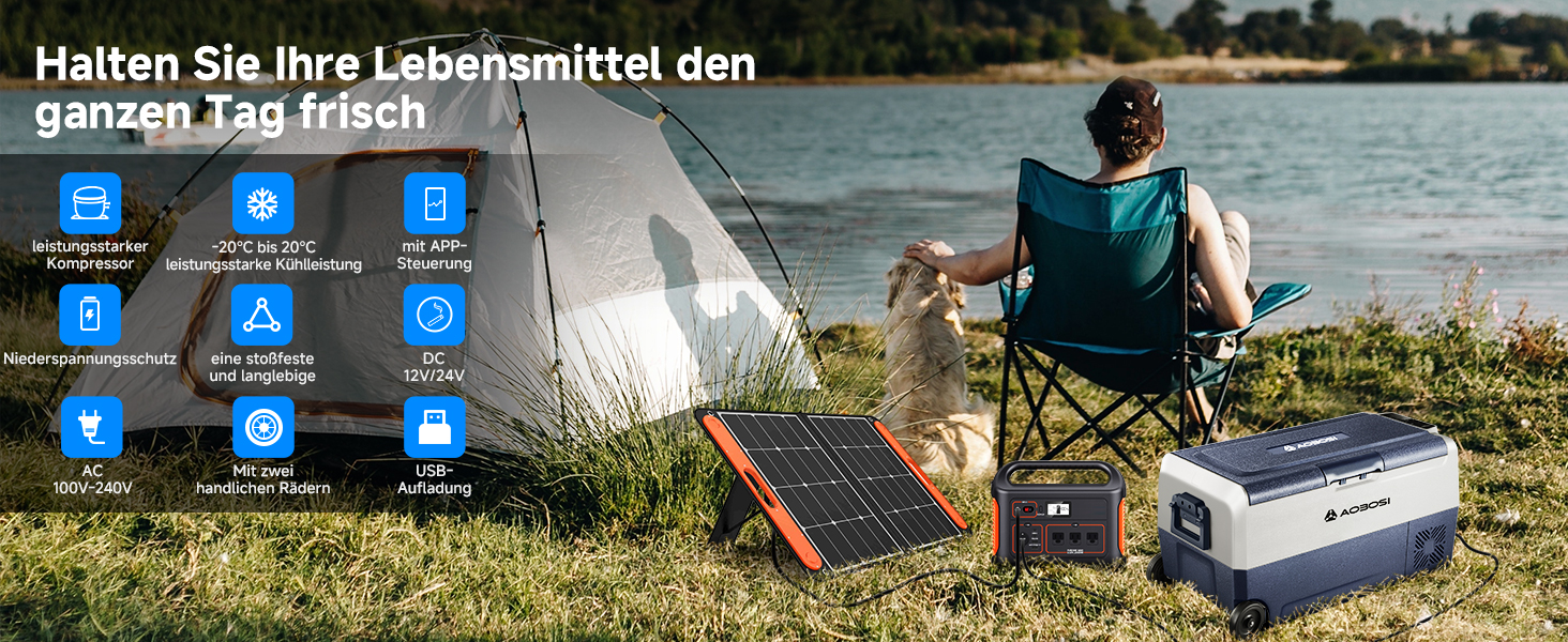 Tragbares Kraftwerk mit Solarpanel im Freien. Zu den Funktionen gehören eine Ausgangsleistung von 300 W, eine Kapazität von 280 Wh, 3 Lademethoden und mehrere Anschlüsse für verschiedene Geräte