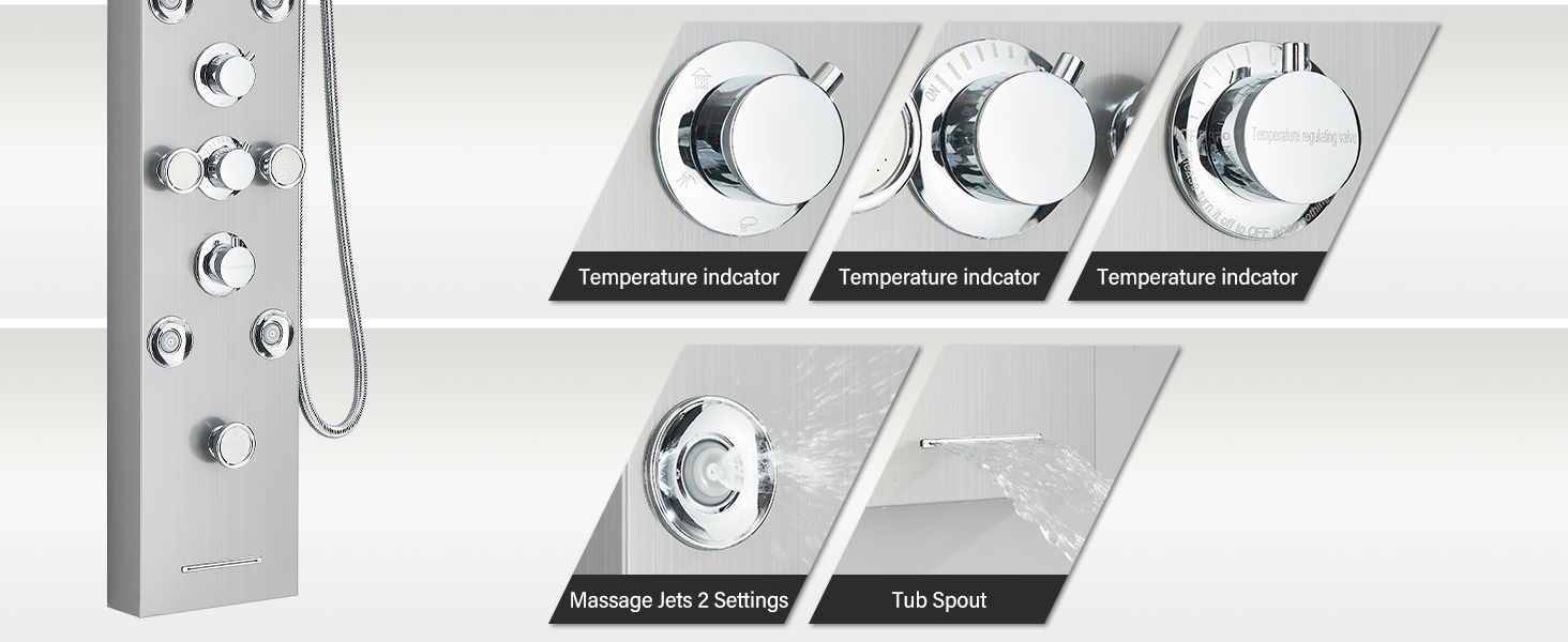 FUZ Shower Panel Tower System, Stainless Steel 6 IN 1 Shower Panel System with LED rain Shower Head