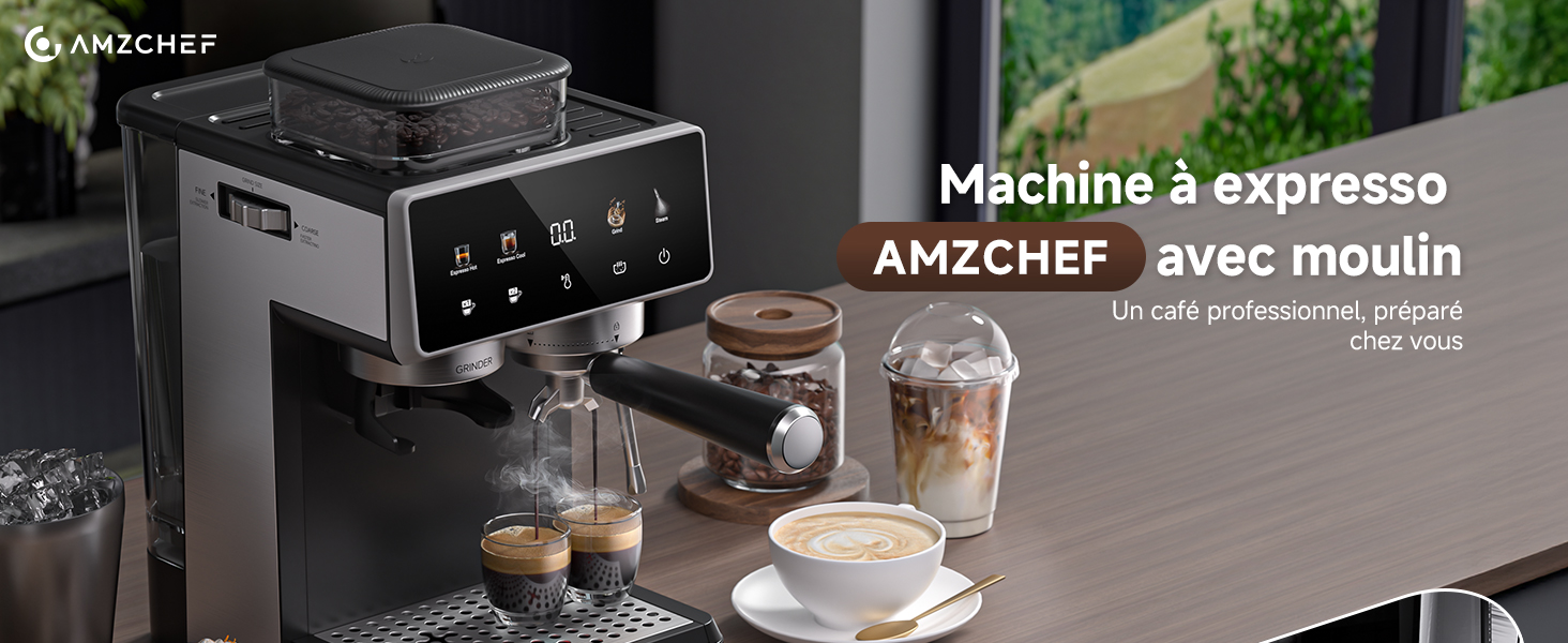 Le texte se lit comme suit : « Machine à expresso avec moulin ». Interface de la machine à café avec affichage numérique et panneau de commande affiché dans des conditions d'éclairage sombre.