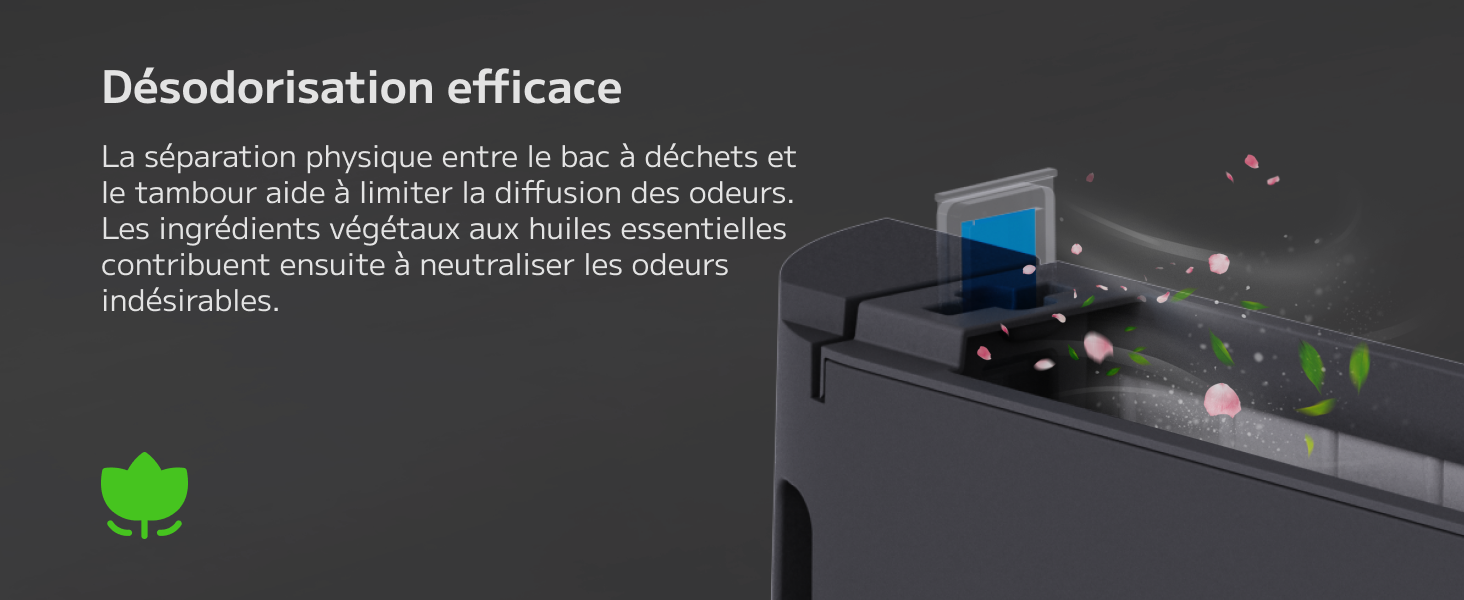Le texte indique « Efficacité de la désodorisation » avec une description en français de la technologie d'élimination des odeurs. Appareil sombre affiché avec un voyant bleu et des boutons de commande sur le panneau d'affichage.