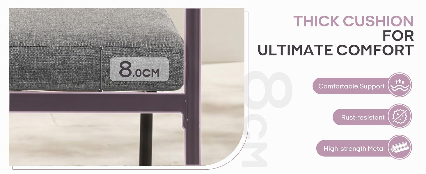 Text reads "THICK CUSHION FOR ULTIMATE COMFORT" with purple circular icons. Gray fabric cushion with 8-inch measurement marker shown for comfort product demonstration.