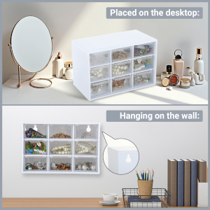 con scomparti trasparenti per cosmetici e accessori. Miroir rond, articoli di trucco e forniture da ufficio inviati per la ragazza e il contesto.