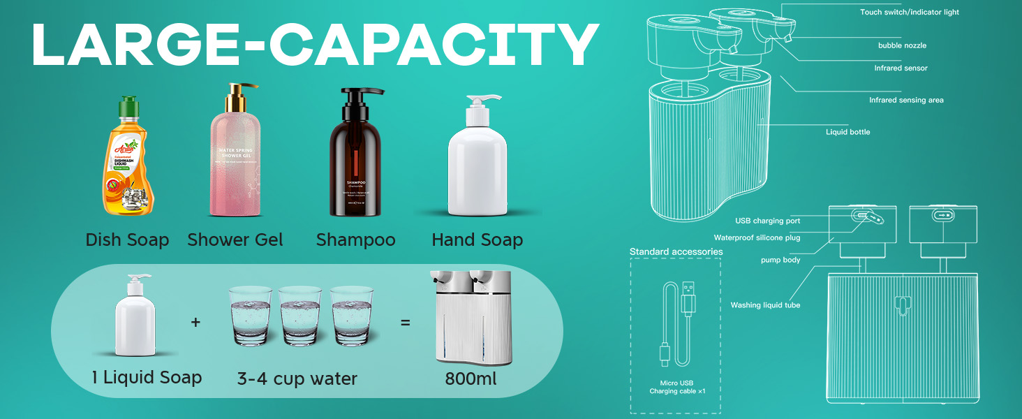 Dispenser di sapone di grande capacità con scomparti multipli.