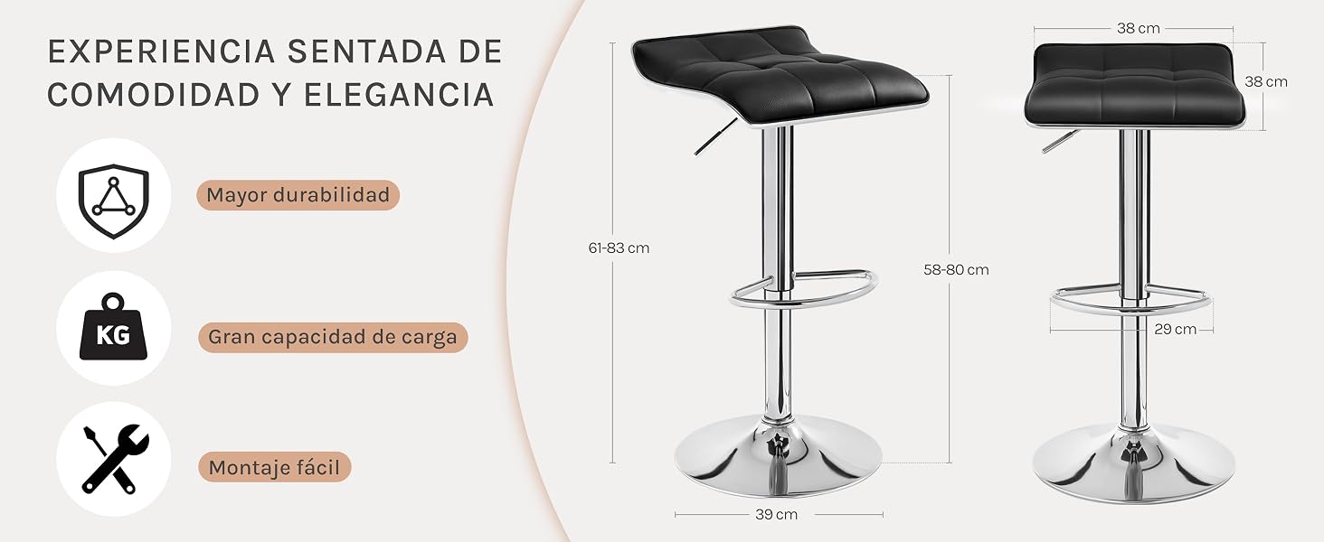 Dos taburetes ajustables negros con reposapiés. Los detalles del producto en español incluyen la capacidad de peso y el rango de altura ajustable