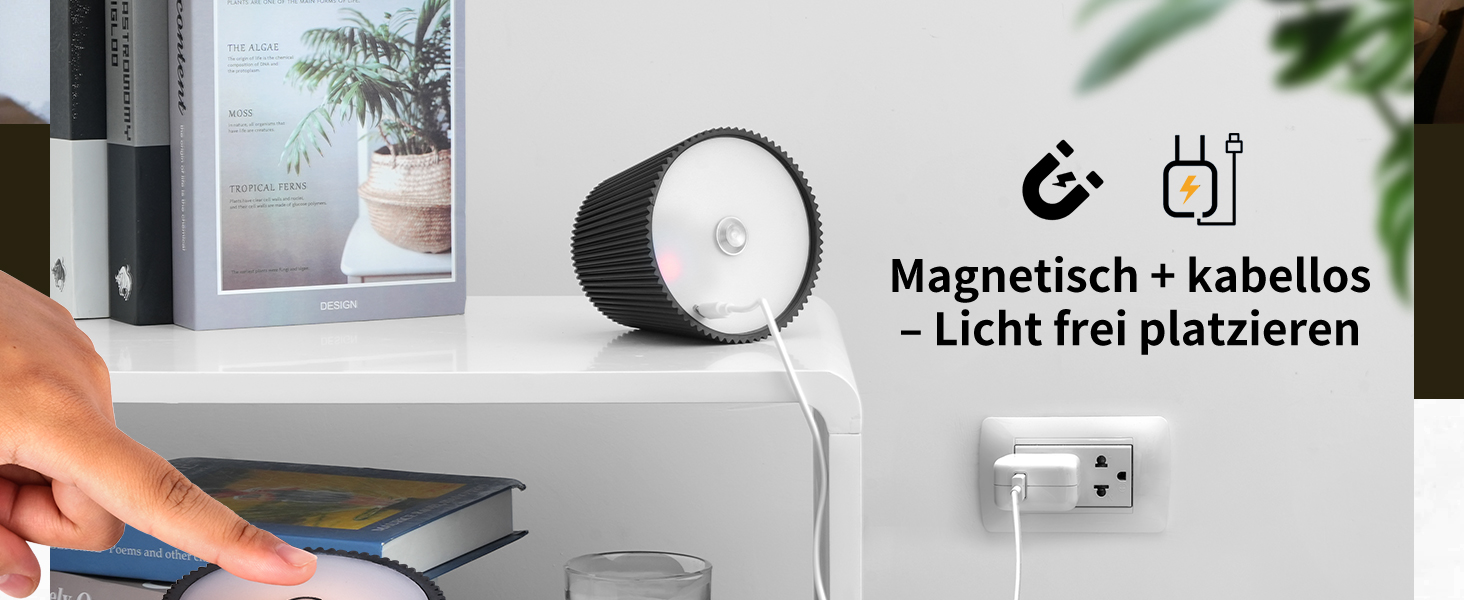 Der Text lautet 'Magnetisch + kabellos - Licht frei platzieren'. Installationsvorführung, die die magnetische Befestigung von Beleuchtungskörpern an Wandoberflächen zeigt.