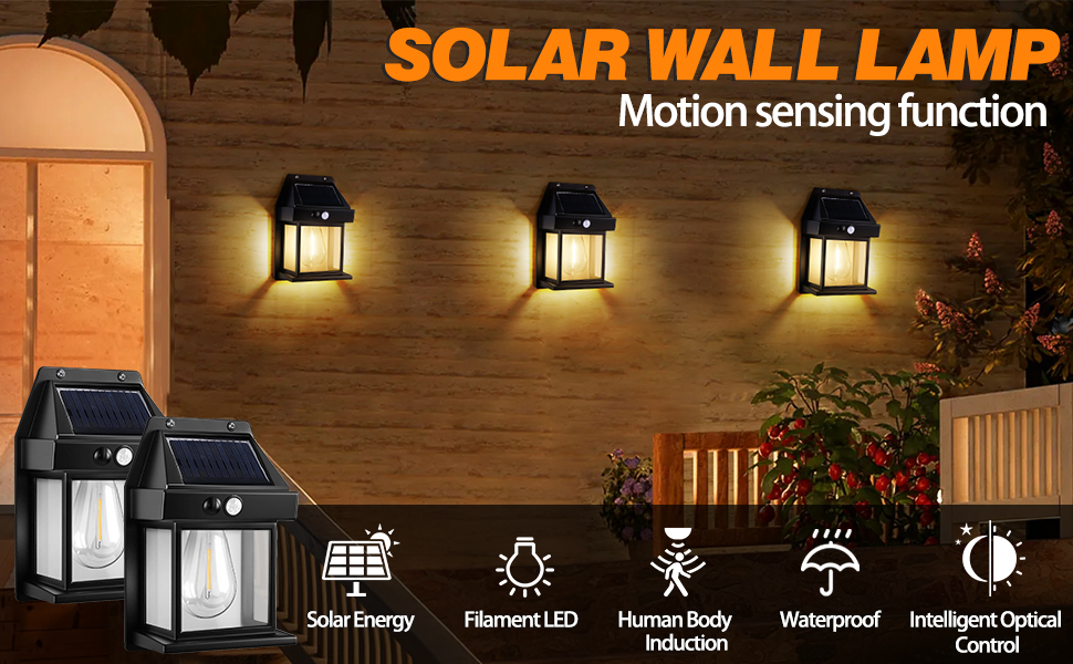 Text reads 'SOLAR WALL LAMP Motion sensing function'. Black outdoor lantern-style lights mounted on brick wall with icons showing features: solar powered LED, waterproof, auto on/off.