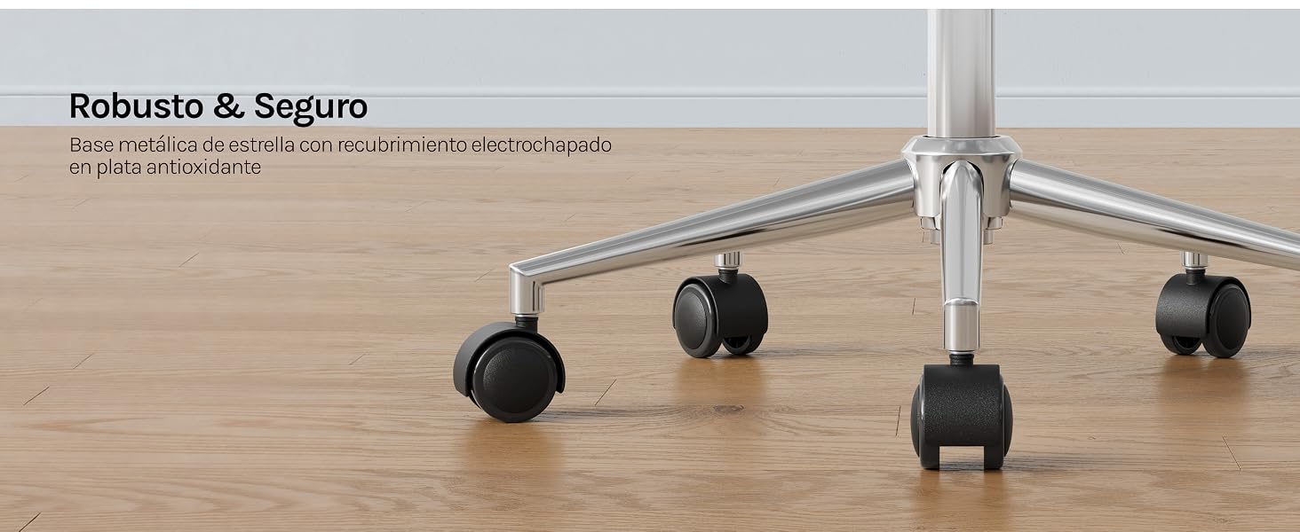 El texto dice «Rolscafe &amp; Seguro». Cuatro ruedas/ruedas negras con vástagos metálicos montadas sobre una superficie de madera, que muestran diferentes tipos de ruedas y accesorios de montaje.
