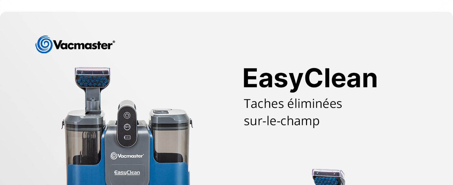 Le texte se lit comme suit : « Vacmaster » et « EasyClean » « Taches éliminées sur-le-champ ». L'image du produit montre un système d'aspirateur sec/humide bleu et gris avec accessoires.