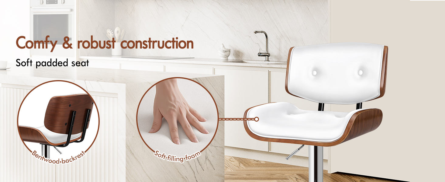Text reads 'Comfy &amp; robust construction'. Series of white office or gaming chairs shown from different angles displaying structural features.