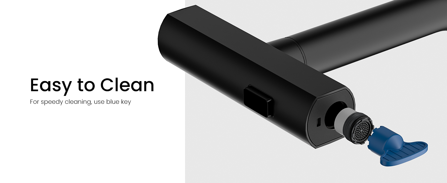 Black cylindrical device with detachable blue cleaning attachment, labeled 'Easy to Clean' showing product maintenance feature.