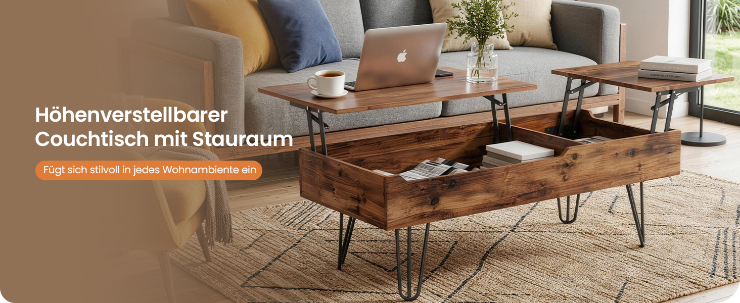 Der Text lautet „Bild 3“ und „Höhenverstellbarer Couchtisch mit Stauraum“.
[SENTENCE 2] Wohnzimmer mit Couchtisch aus Holz mit Stauraum darunter.