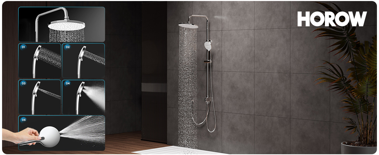 Text reads 'HOROW'. Interior bathroom scene showing a wall-mounted smart toilet with minimalist design against dark tiled wall.