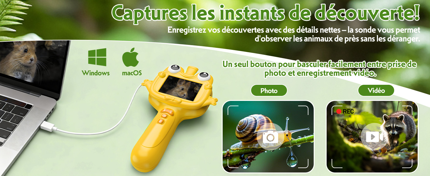 Le texte se lit comme suit : « Captures les instants de découverte ! » Caméra d'imagerie thermique portable jaune avec écran d'affichage affiché à côté de l'ordinateur portable. Deux photos de produits circulaires présentent des applications d'imagerie thermique en extérieur.