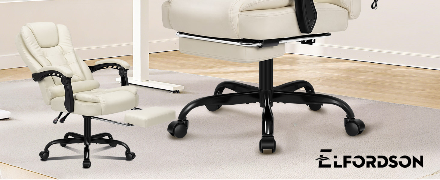 Text reads "ELFORDSON". Two office chairs - white ergonomic office chair and black rolling desk chair with casters on wooden floor.