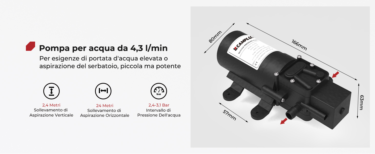 Dispositivo pompa acque nere con specifiche tecniche che mostrano una portata di 4,3 l/min, comprese le misure dimensionali e lo schema di installazione