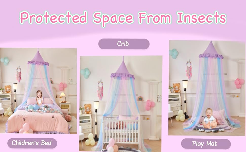 Text reads 'Protected Space From Insects'. Product images show purple-pink mosquito net canopy in nursery setting, with multiple views of installation and usage.
