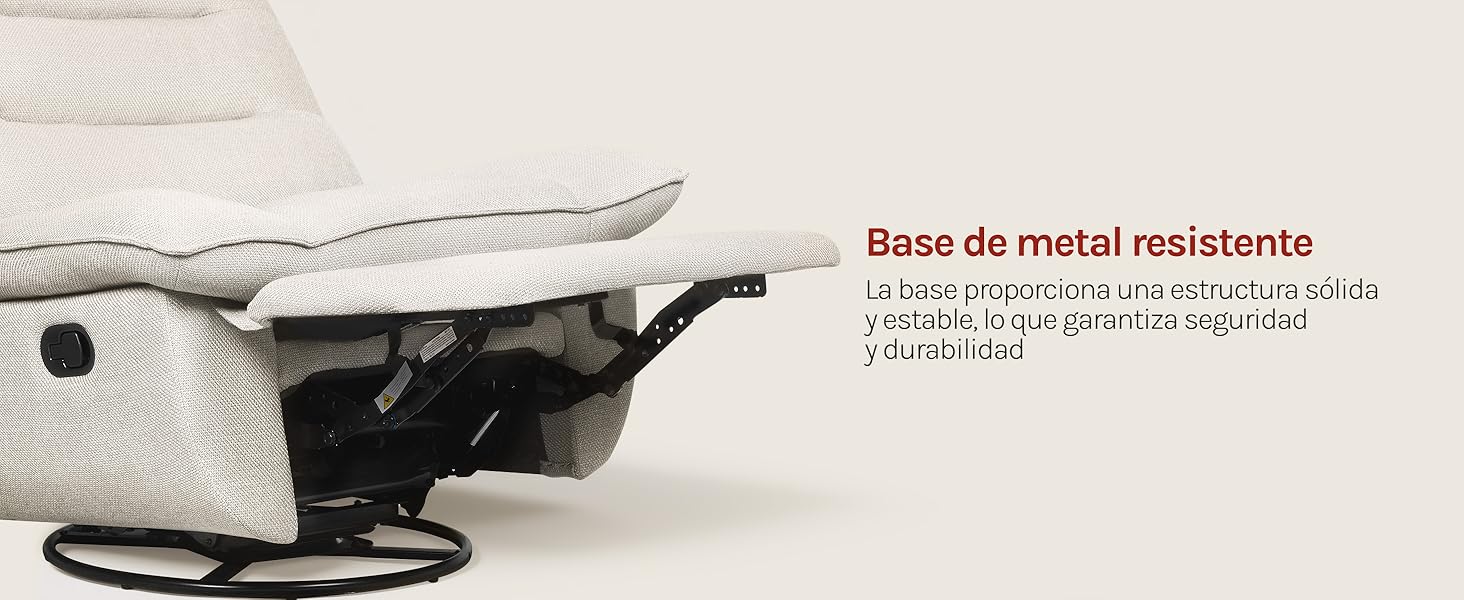 El texto dice «Barata de metal resistente» (soporte resistente a metales). El componente del soporte de metal negro se muestra sobre un fondo beige con un detalle detallado del mecanismo de fijación.
