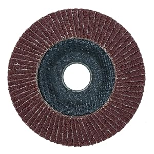 Circular flap disc abrasive tool with burgundy radial flaps surrounding dark blue center and white circular hub opening, used for grinding and finishing applications.