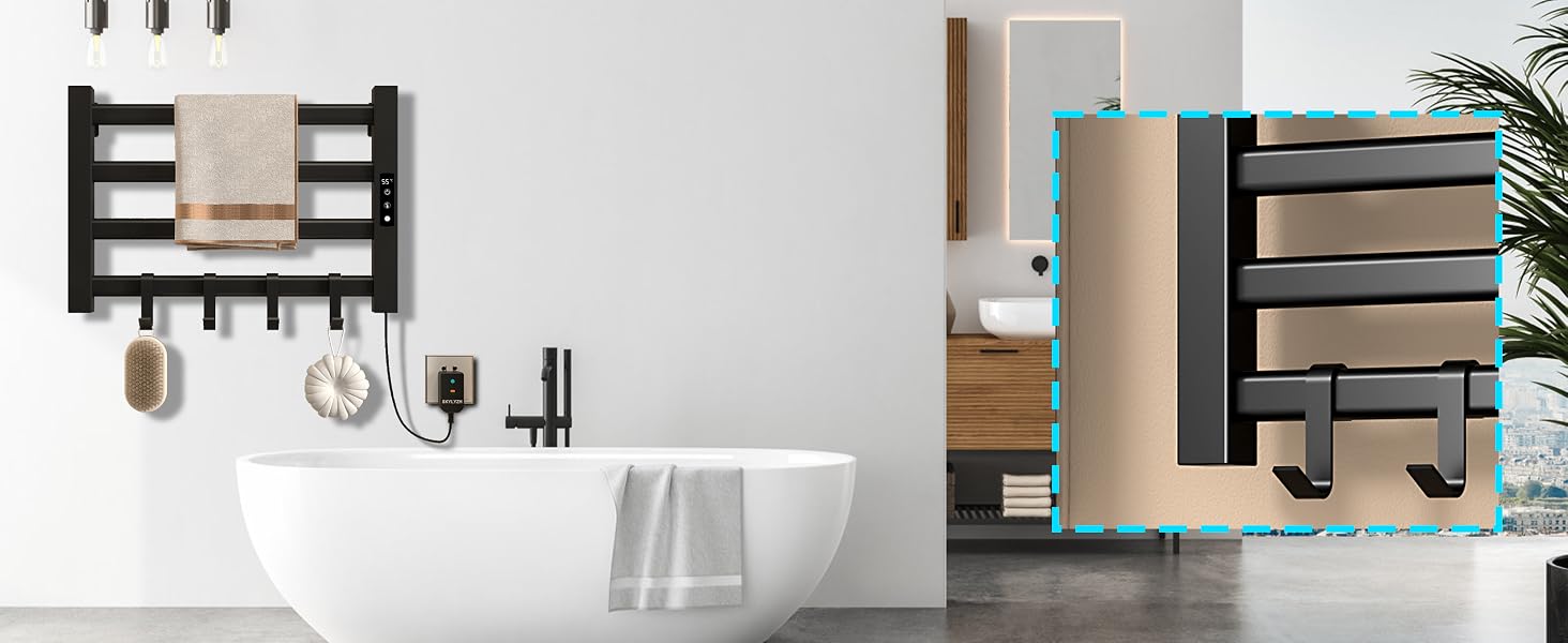 Badezimmerszenen mit schwarzen Handtuchwärmern. Links sehen wir eine wandmontierte Einheit neben einer Badewanne, rechts ein freistehendes Modell.