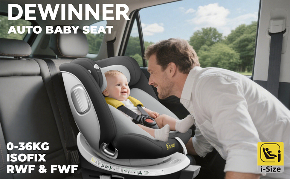 El texto dice «DEWINNER AUTO BABY SEAT». Secuencia que muestra la instalación de una silla de coche, con detalles detallados de los puntos de fijación y los indicadores de seguridad.
