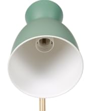 Mintgrüne glockenförmige Schreibtischlampe mit weißer Innenausstattung und Holzstiel. Präsentiert ein schlichtes, modernes Design mit einem breiten Schirm