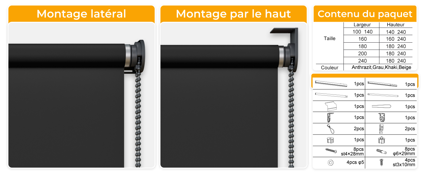 Le texte se lit comme suit : « Montage latéral », « Montage par le haut », « Contenu du paquet ». Schéma d'installation technique des stores avec spécifications de mesure.