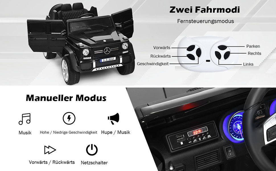 12V Kinderauto mit 2,4G-Fernbedienung, Elektroauto mit MP3, Musik, Hupe und LED-Leuchten, Jeep Auto 
