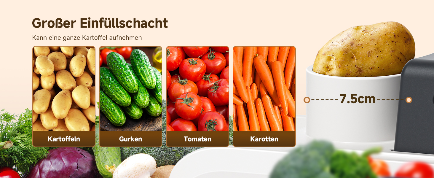 Der Text lautet „Großer Füllschacht 7,5 cm“. Das Bild zeigt eine Vielzahl von frischem Gemüse, darunter Karotten, Paprika und andere Produkte, die in Reihen angeordnet sind.