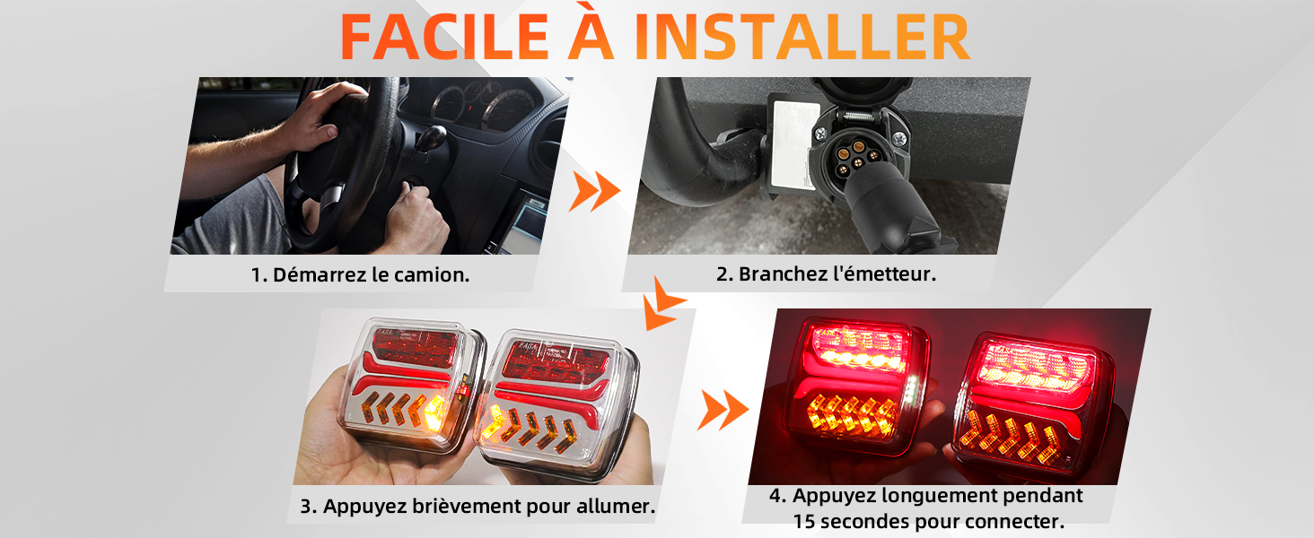 Guide d'installation montrant les étapes à suivre pour monter les feux arrière du véhicule, avec le texte « FACILE À INSTALLER » et des images de comparaison avant/après.