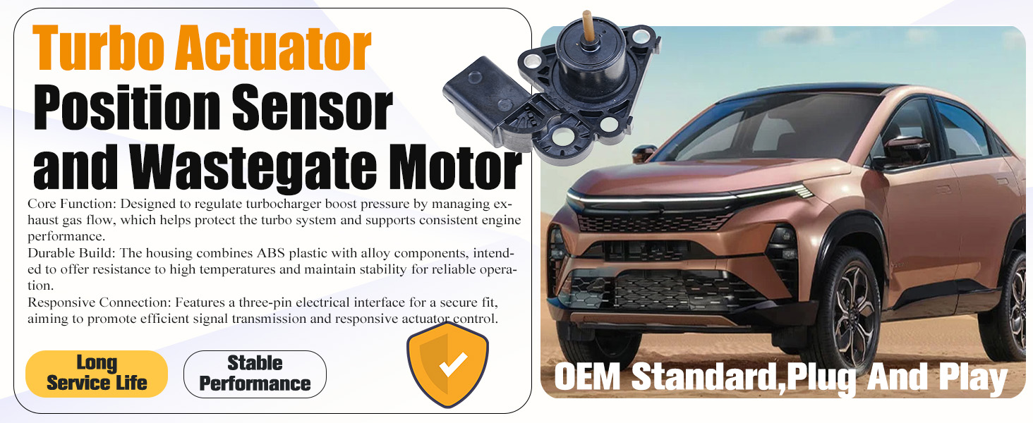 Text reads 'Turbo Actuator Position Sensor and Wastegate Motor' with warranty shield icons. Brown SUV vehicle shown with technical component specifications and 'OEM Standard Plug and Play' designation for automotive turbo part.