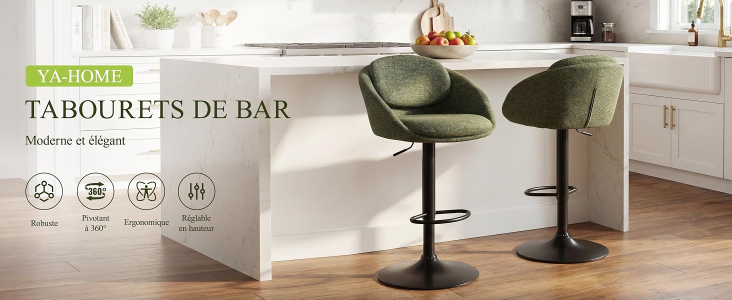 Le texte indique « TABOURETS DE BAR ». Cuisine ou salle à manger moderne avec plusieurs tabourets de bar noirs disposés le long d'un comptoir blanc.