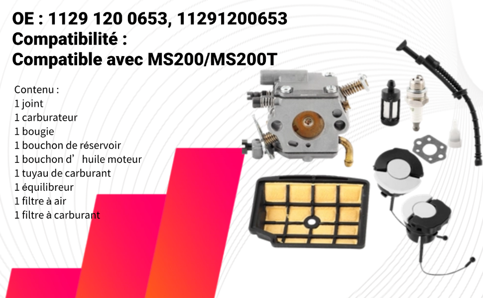 Texte :
[SENTENCE 6] « OE : 1129 120 0653, 11291200653 » « Compatible avec MS200/MS200T ».
[SENTENCE 7] Schéma technique montrant les pièces de la tronçonneuse, y compris le filtre à air, le tube de carburateur et les composants du carburant avec des étiquettes françaises.