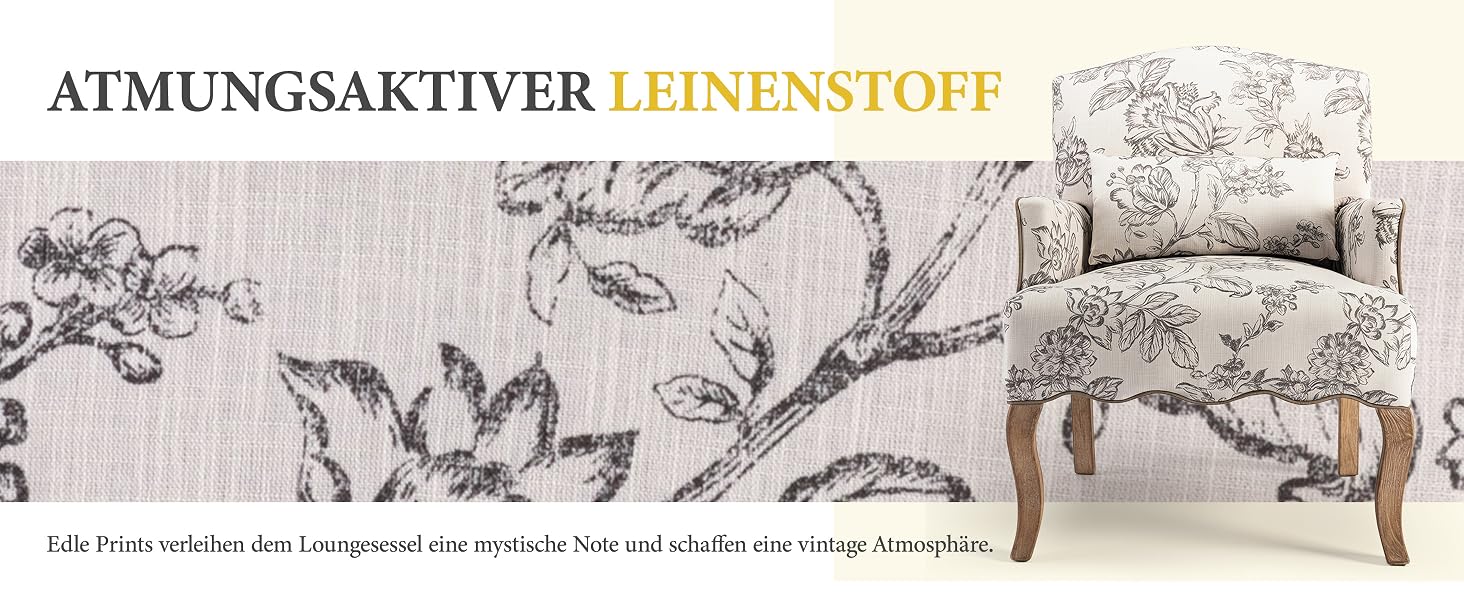 Der Text lautet „ATMUNGSAKTIVER LEINENSTOFF“. Stoffmuster für Innenmöbel, das einen gemusterten gepolsterten Stuhl oder ein Möbelstück mit dekorativem botanischem Muster zeigt.