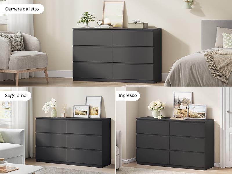 Viste multiple di un moderno comò grigio scuro in una camera da letto. L'ampia cassettiera orizzontale presenta linee pulite e più cassetti in un design contemporaneo.