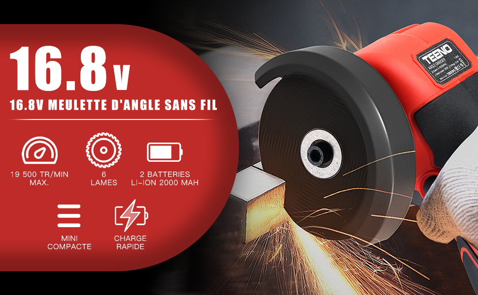 Le texte indique « 16,8 V ». Outil électrique ou appareil à batterie rouge avec voyants lumineux et spécifications techniques affichées sous plusieurs angles.