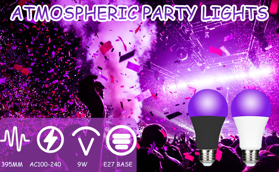 Anuncio luminoso festivo con bombillas LED moradas. Especificaciones del producto: Longitud de onda de 395 nm, CA 100-240 V, potencia de 9 W, tipo