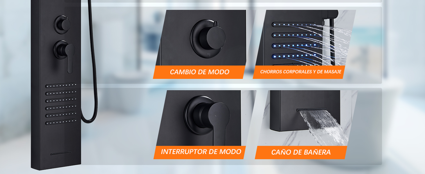 Black con múltiples controles y ajustes de rociado, con diagramas etiquetados que muestran las funciones del selector de modo y del cabezal de ducha tipo lluvia.