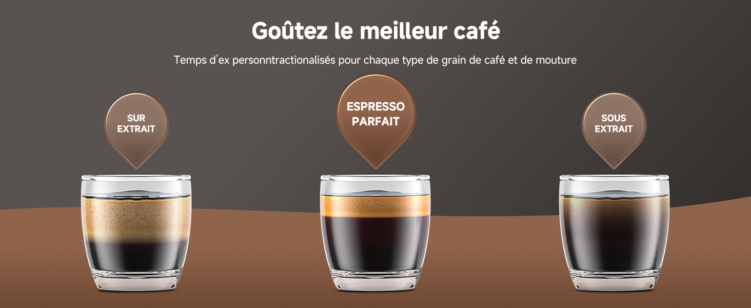 Trois verres à café présentant différents niveaux d'extraction : ristretto, espresso et lungo. Le texte ci-dessus en français décrit la dégustation du meilleur café. L'illustration montre les différences d'intensité et de volume du café.