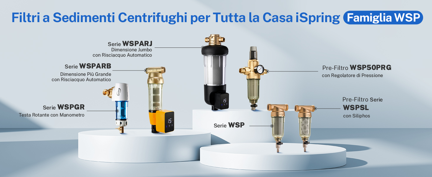 Visualizzazione di vari dispositivi di filtrazione dell'acqua e rimozione dei sedimenti. I prodotti includono filtri centrifughi e separatori di sedimenti di diverse dimensioni e