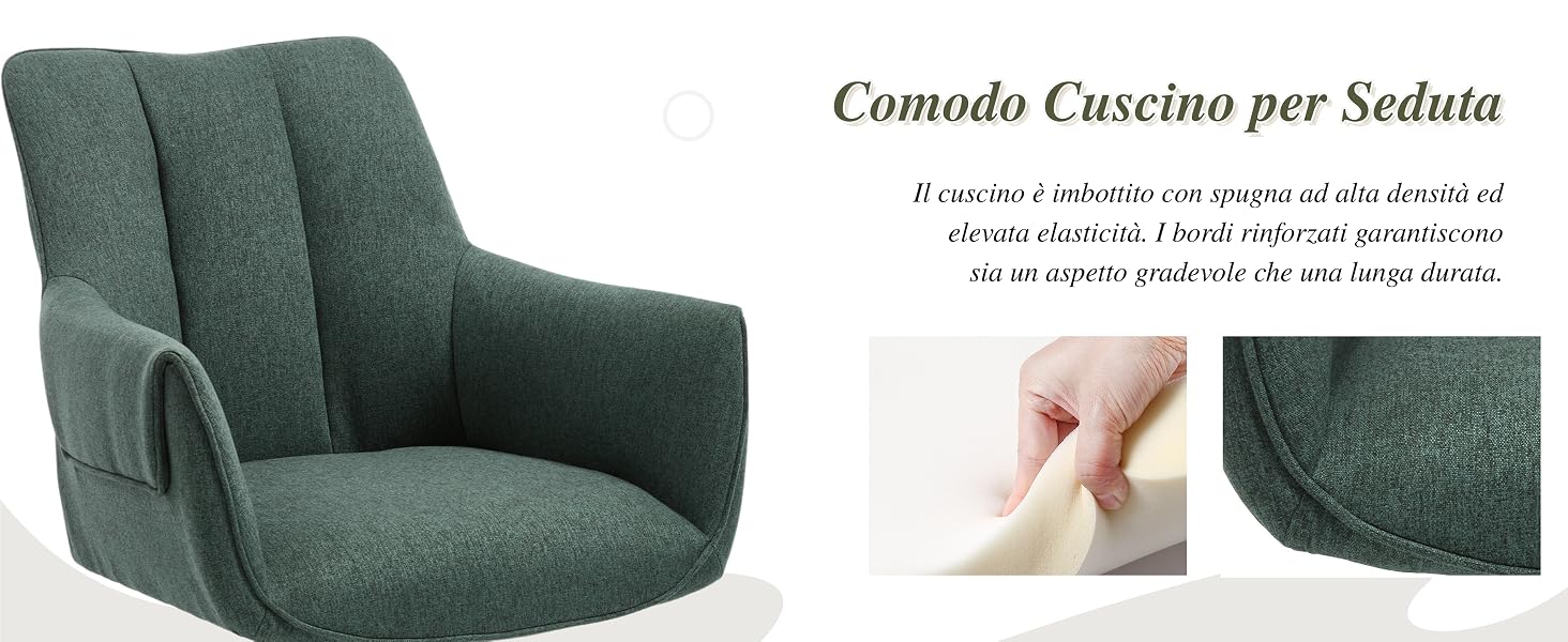 Il testo recita «Comodo Cuscino per Seduta». Poltrona imbottita verde con dettaglio ravvicinato della trama del materiale del cuscino.
