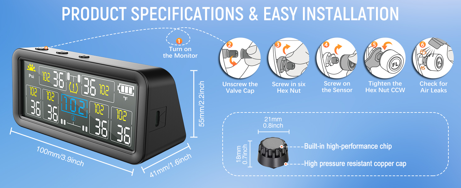 Real-time monitoring of tire pressure (0–144 PSI)