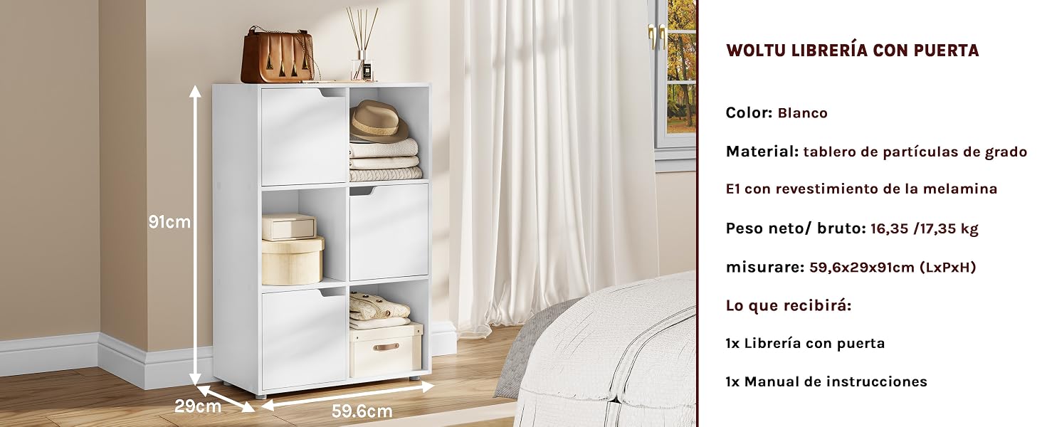 Armario blanco de madera con dos cajones y puerta de cristal. Cuenta con estantes ajustables, construcción de tableros de partículas y mide 55 cm de ancho. Incluye instrucciones de montaje.