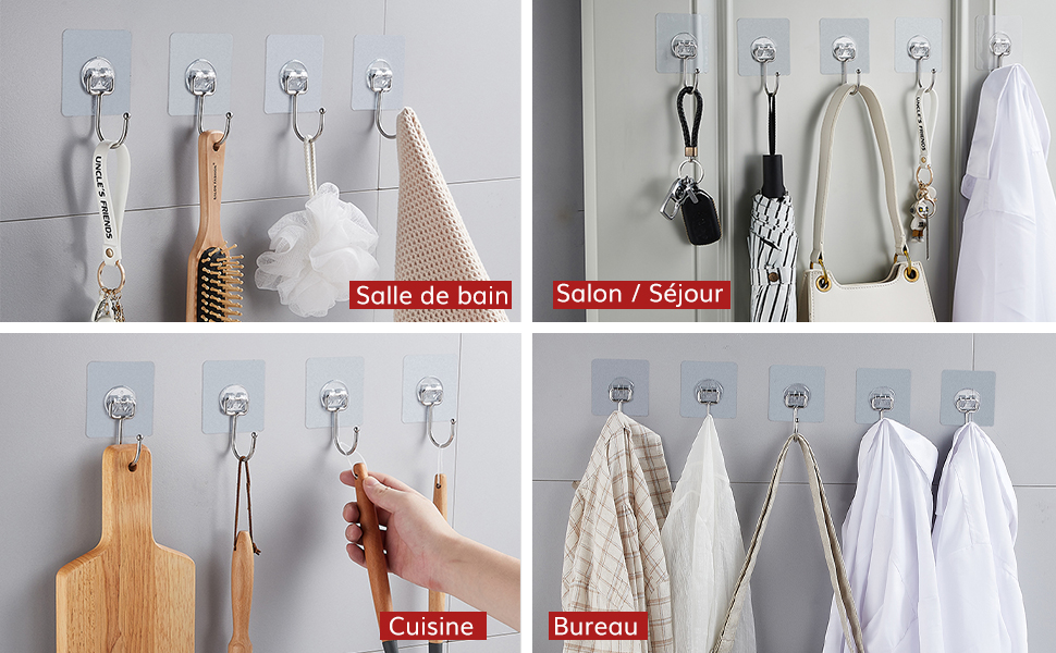 Système de rangement mural avec plusieurs crochets et crochets affichant divers ustensiles de cuisine, des planches à découper et des tabliers blancs contre un mur gris.