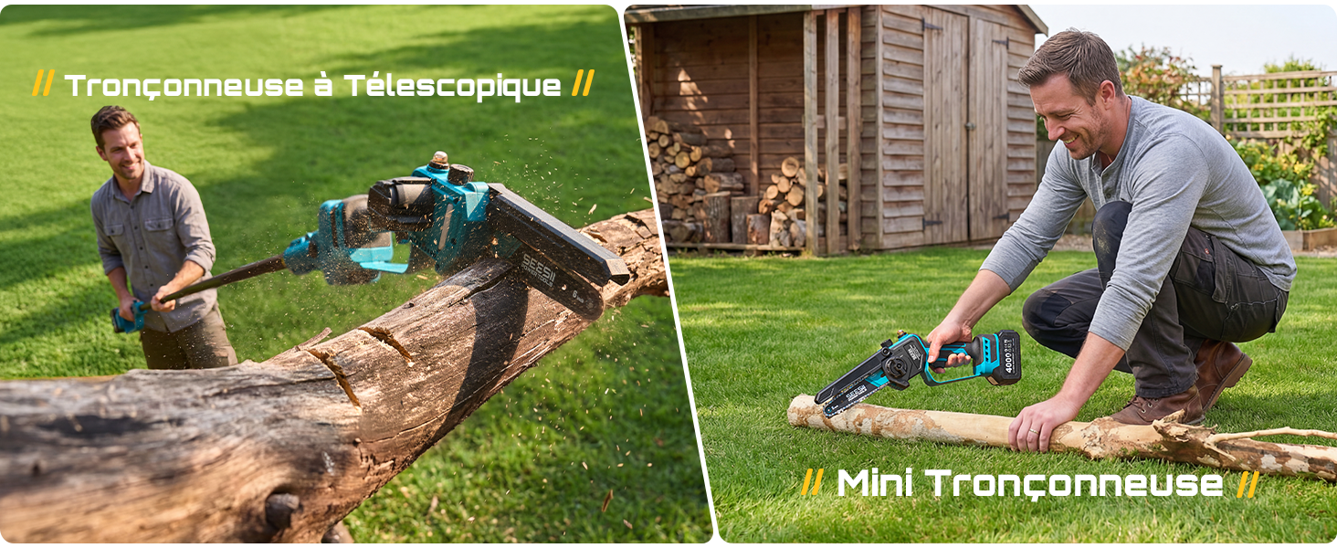Le texte se lit comme suit : «//Tronçonneuse &amp; Télescoptique//» et «//Mini Tronçonneuse ». Deux panneaux montrant des personnes utilisant du matériel de jardinage sur de l'herbe et des rondins de bois.