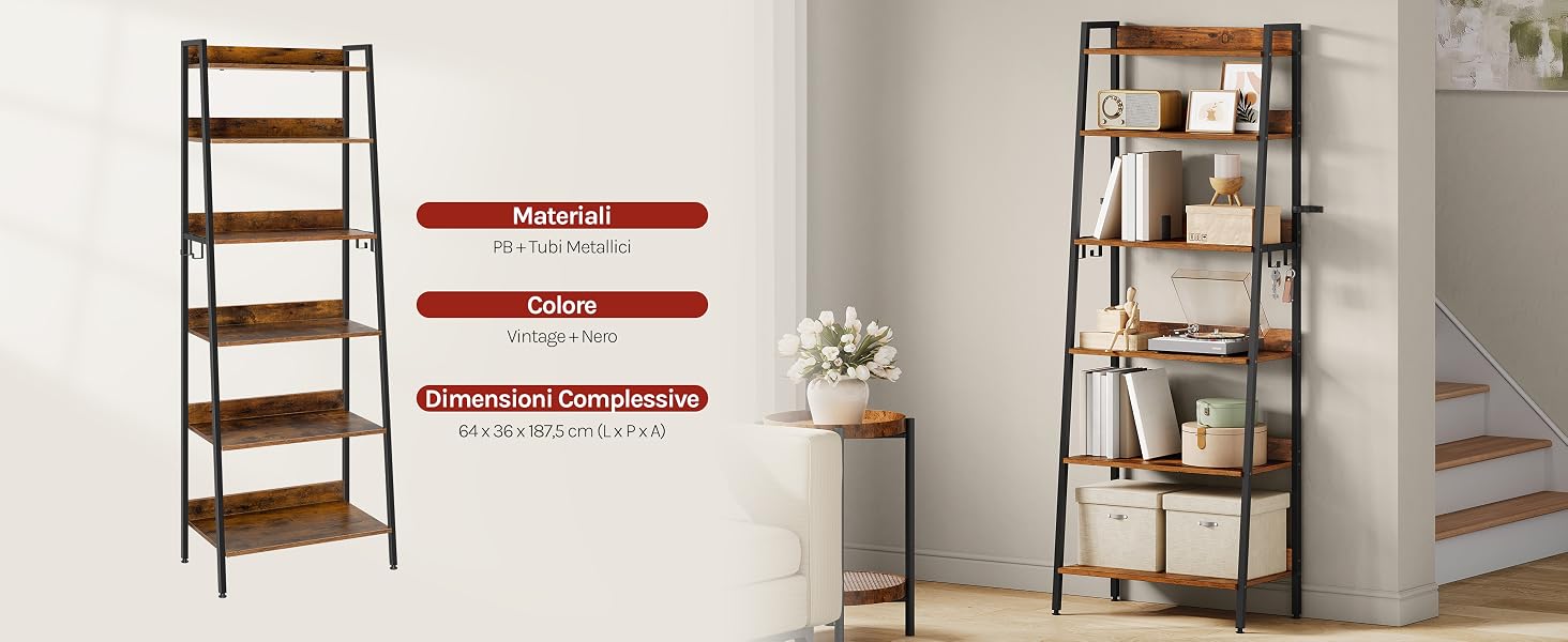 Viste multiple di uno scaffale in legno con struttura in metallo che mostra diverse angolazioni e configurazioni. Mensole in legno marrone con struttura portante in metallo nero.