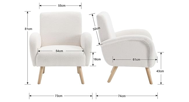 White fabric armchair with wooden legs.