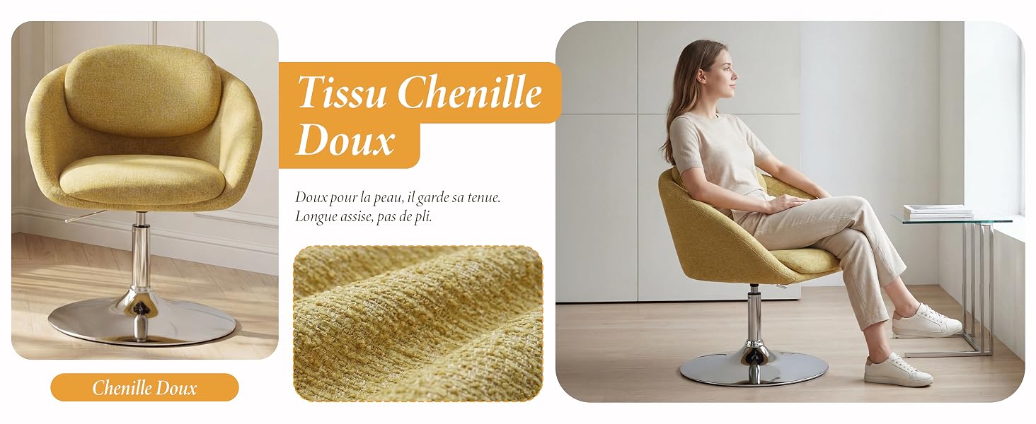 Le texte indique « Tissu Chenille Doux ». Composite marketing montrant un tissu chenille texturé jaune et une chaise pivotante moderne de couleur jaune assortie, démontrant la texture du tissu et l'application du mobilier.