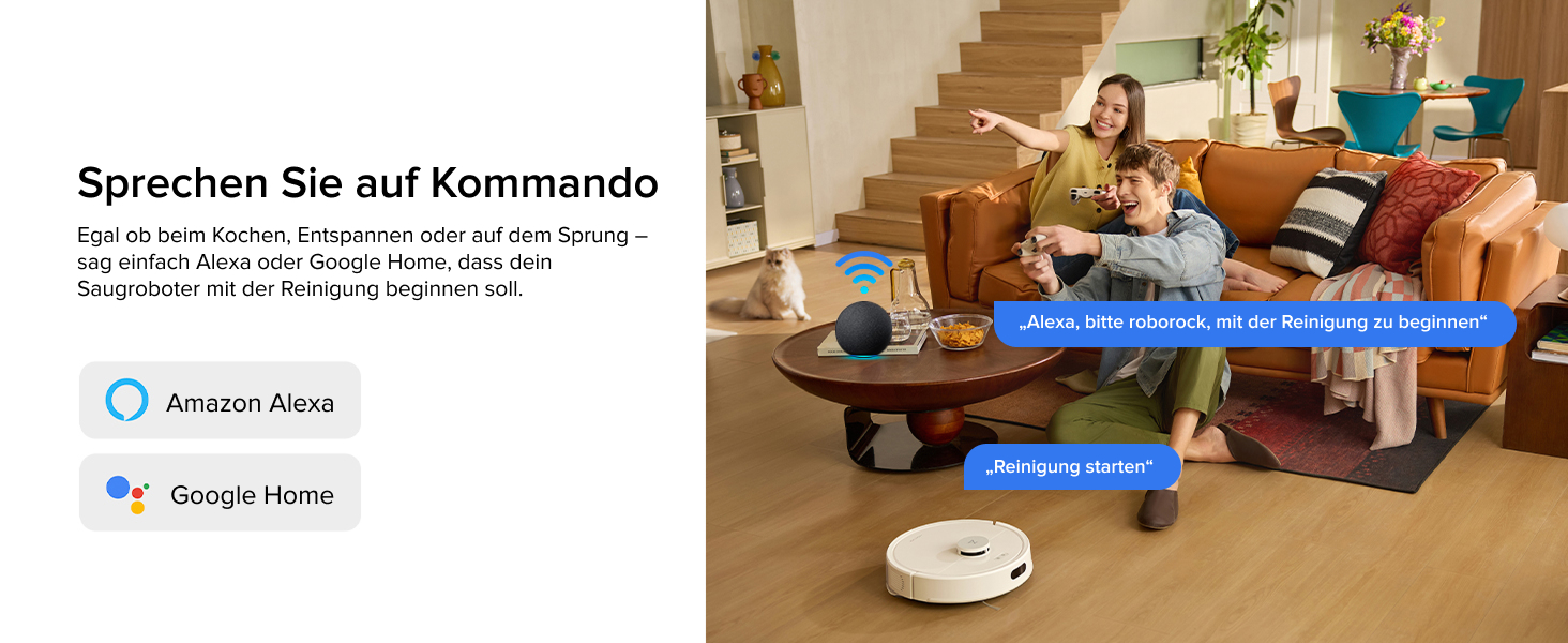 Roboterstaubsauger auf Holzboden im Wohnzimmer. Frau entspannt sich auf der Couch. Infografiken, die die Kompatibilität des Sprachassistenten mit Amazon Alexa und Google Home zeigen